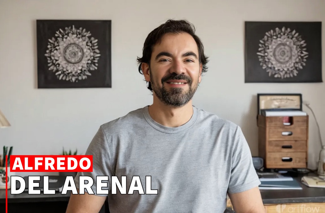 Portrait of a smiling man with a beard, wearing a gray t-shirt, standing in a room with wall art and a wooden cabinet. text overlay: "alfredo del arenal.