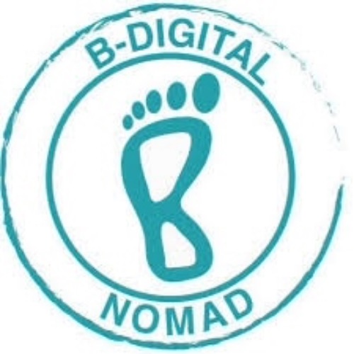 Logo of "b-digital nomad," featuring a teal circular stamp design with a footprint inside and text around the perimeter.