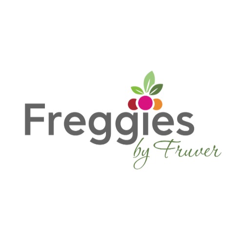 Logo of "freggies by fruver," featuring stylized text and a colorful fruit icon above the lettering.