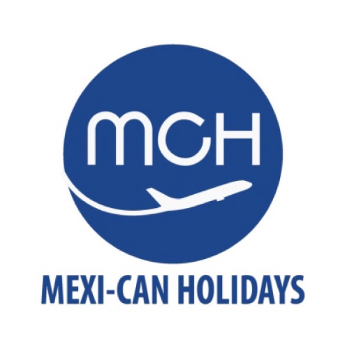 Logo of mexi-can holidays featuring the initials 'mch' with an airplane graphic, encircled in blue with the full name underneath.