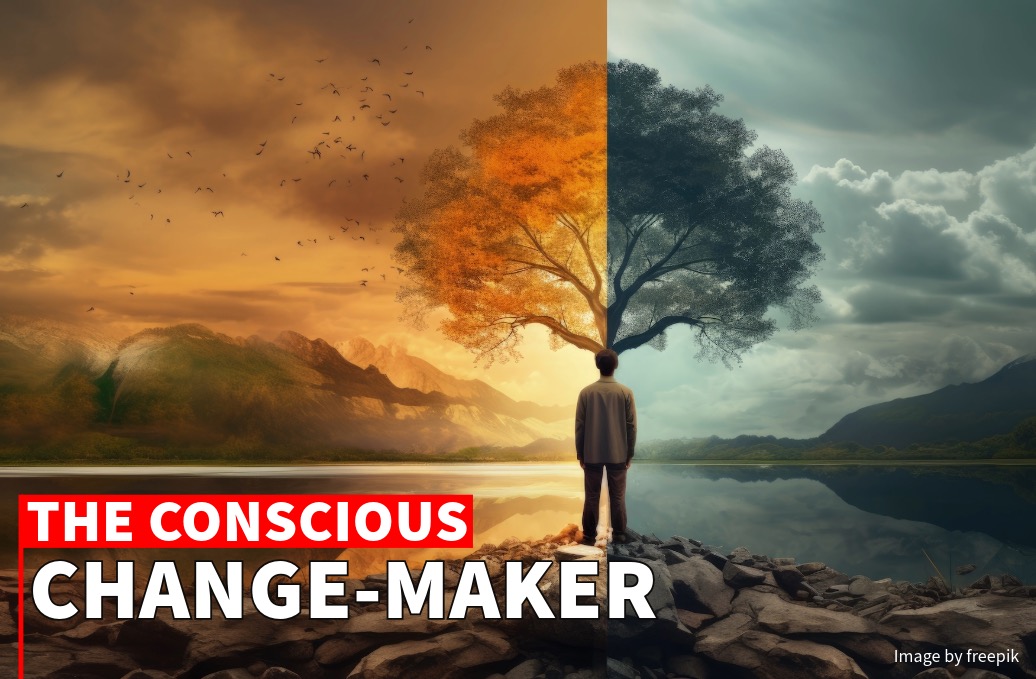 A person stands by a tree, juxtaposed against a split scenic background of autumn and clear skies, with the text "the conscious change-maker" below.