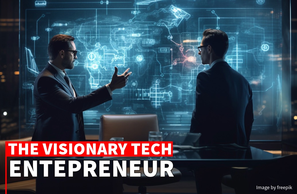 Two businessmen discussing over digital graphs in a high-tech office at night, with text "the visionary tech entrepreneur".